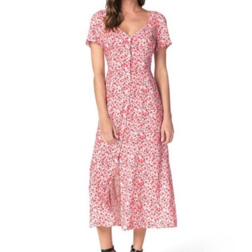 The Fifth Label Floral Maxi Dress Red Blue Rose Button Front V-Neck XS US 0-2